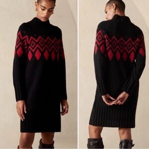 Banana Republic Sweater Dress Womens XL Adria Fair Isle Wool Yak Black Red